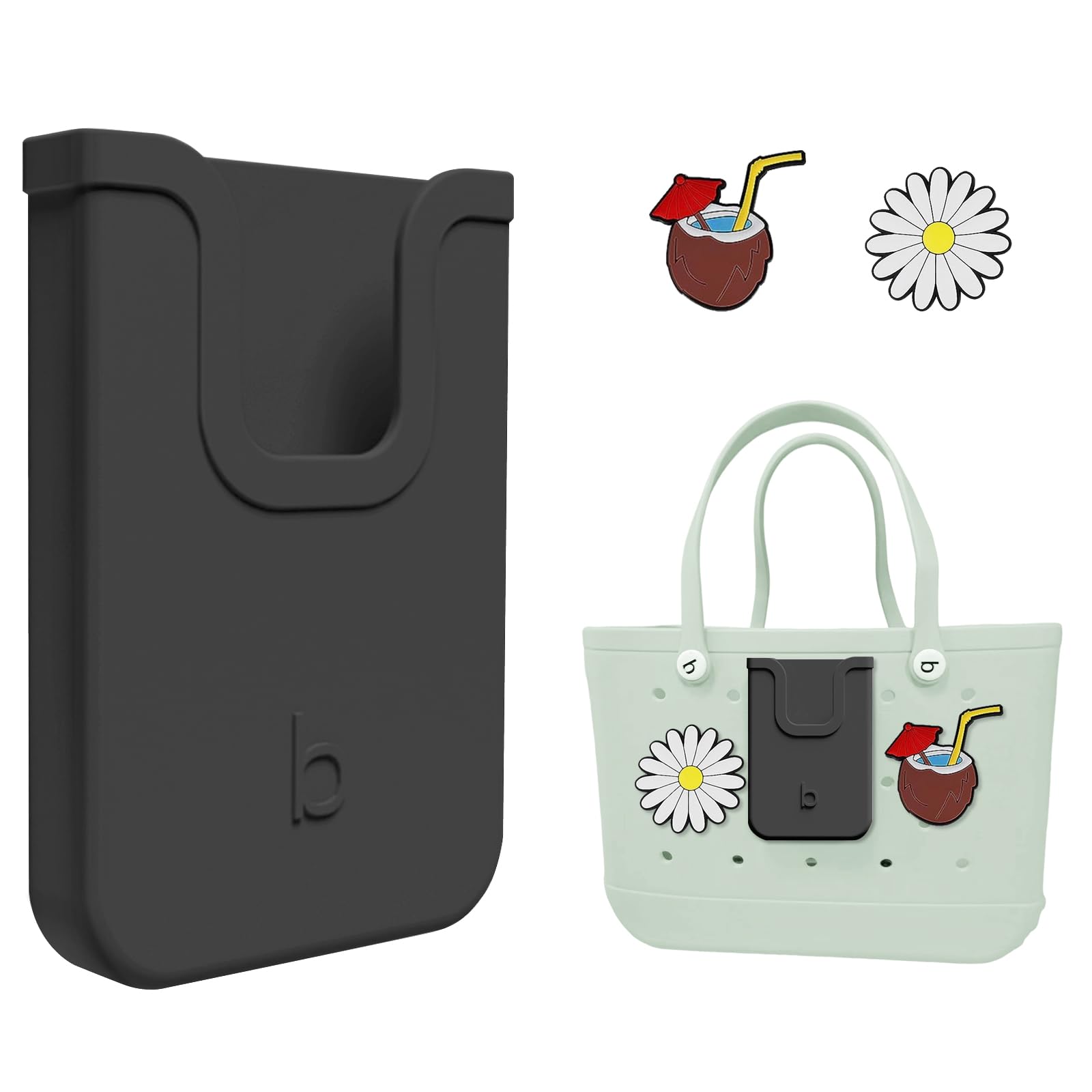 Silicone Phone Holder Compatible with Bogg Bag, Soft Silicone Charm Insert Accessories and Attachment for Bogg Beach Bags, Generic Size Fits for iPhone and Android Phones Black