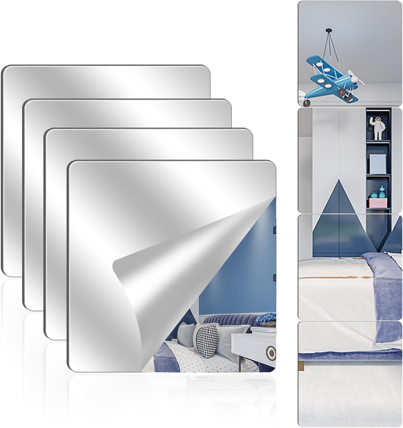 4 Pack Acrylic Mirrors for Wall,14 x 14 Inch Self Adhesive Frameless Small Mirror Tiles, Flexible Plastic Mirror Sheets for Bedroom Home Gym Door (14 * 14 inch) 14*14 inch
