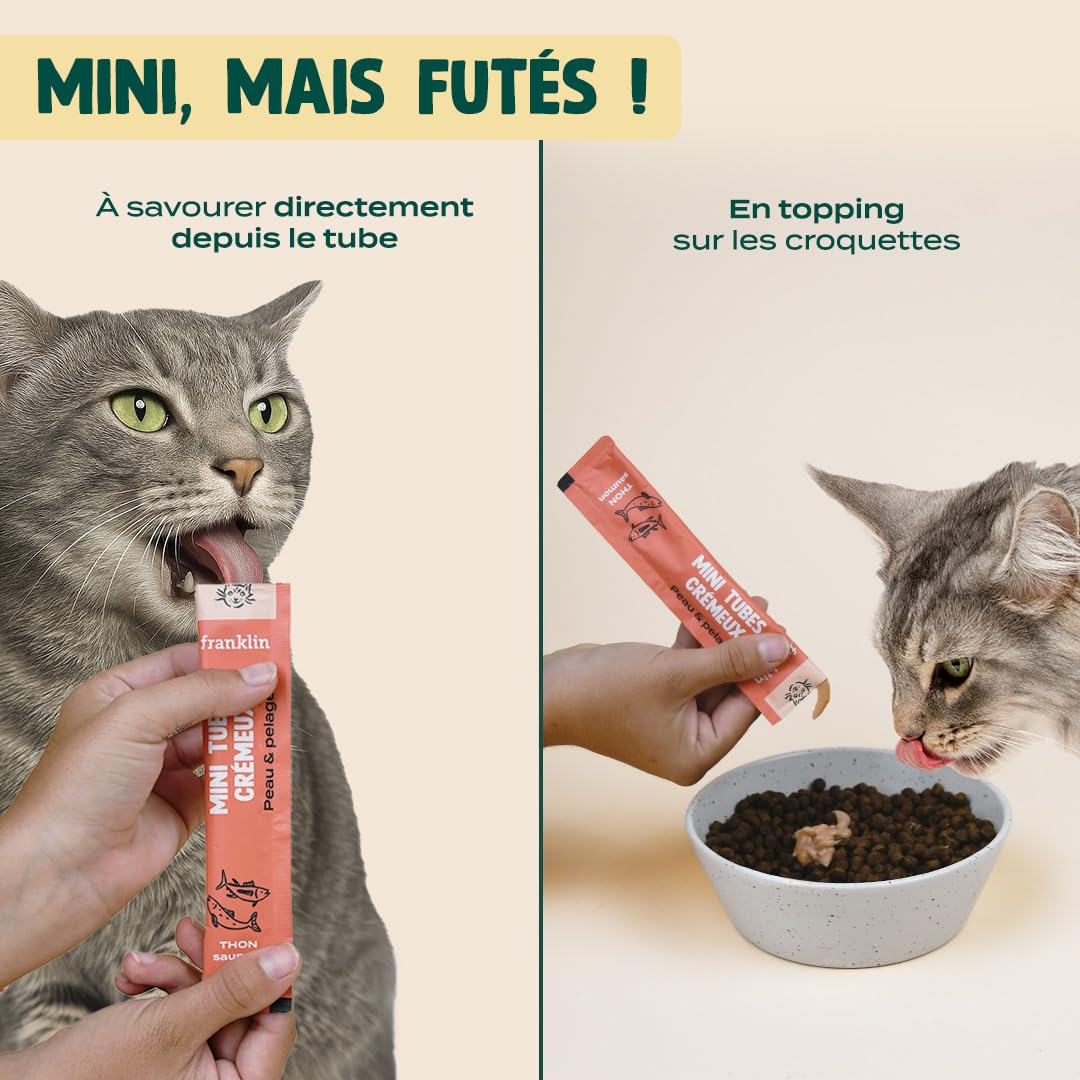 FRANKLIN – Tube Crémeux Chat – Creamy Snack Thon et Saumon – Texture Crémeuse et Onctueuse – Ingrédients 100% Naturelles – Faible en Calories – Poils Doux et Brillant – 30 Tubes x 15g
