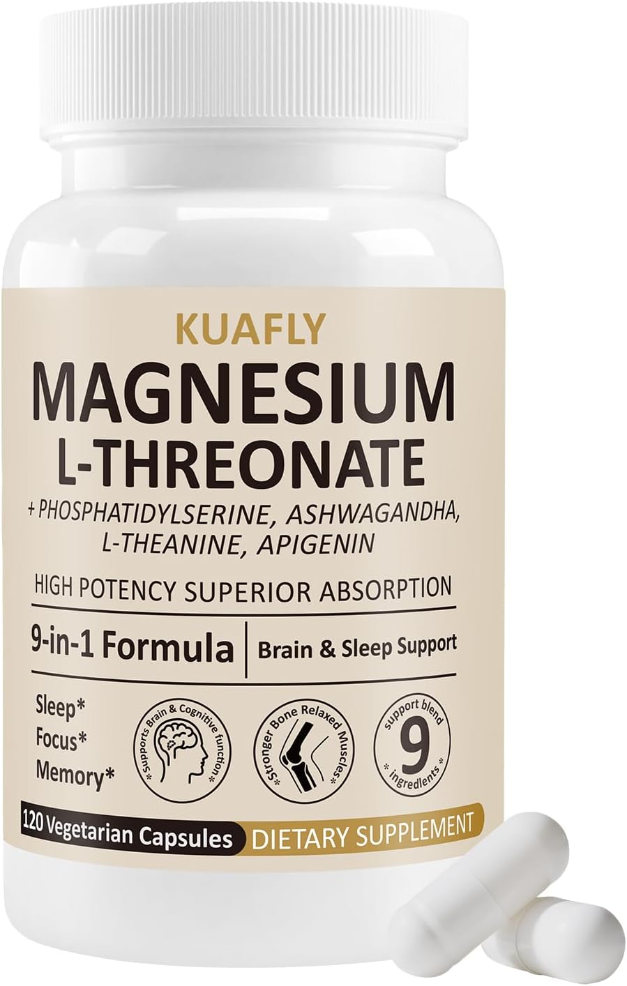 Magnesium L-Threonate | for Cognitive Support, High Absorption L-Threonate Supplement for Women and Men with Phosphatidylserine, Ashwagandha, L-theanine 120 Capsules