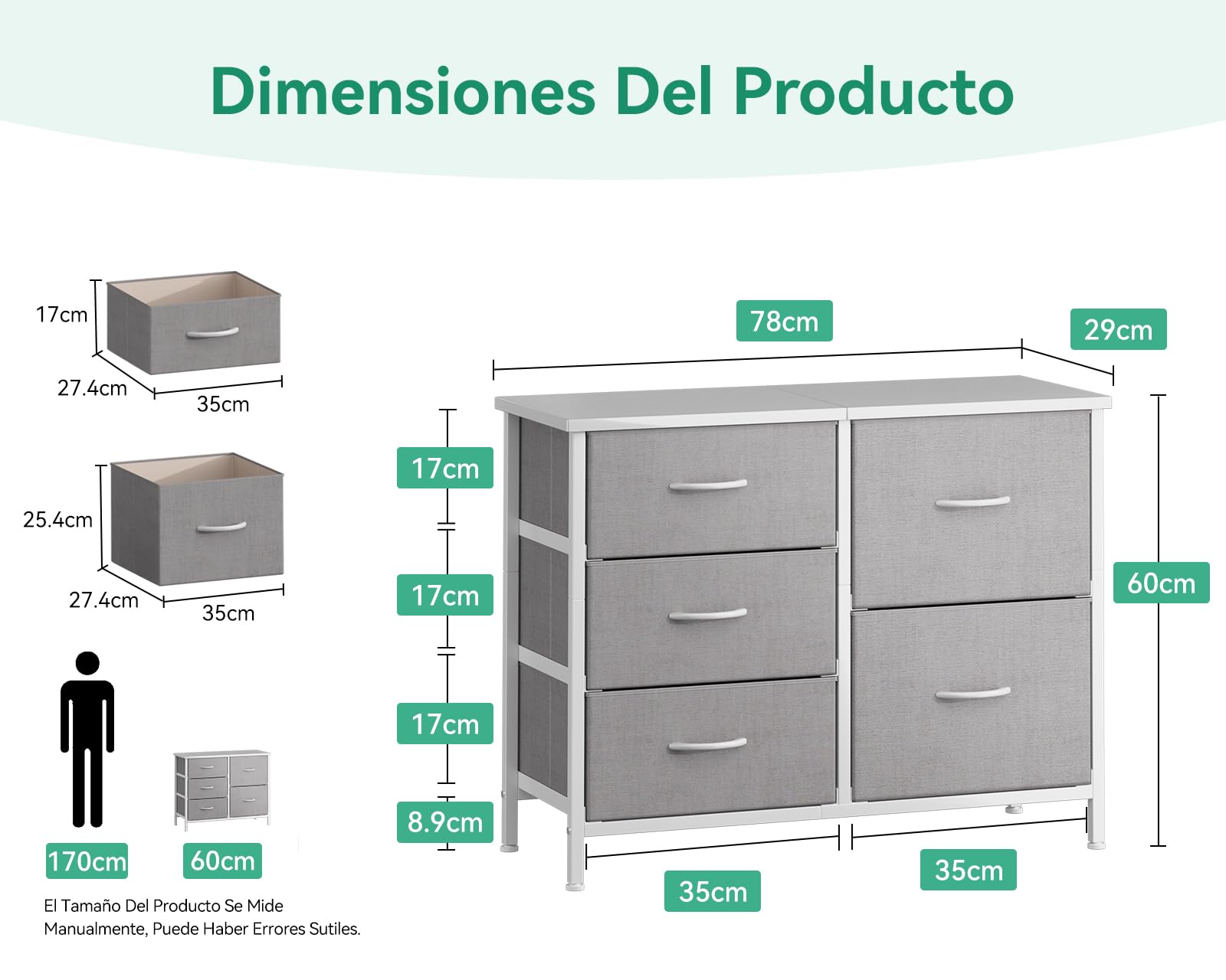 Coleshome Comoda Dormitorio, con 5 Cajones de Tela, Comoda Cajones Utiliza Encimera de Madera y Estructura de Acero, Ideal para Dormitorio y Sala de Estar, 76 x 29 x 60 cm, Gris Claro