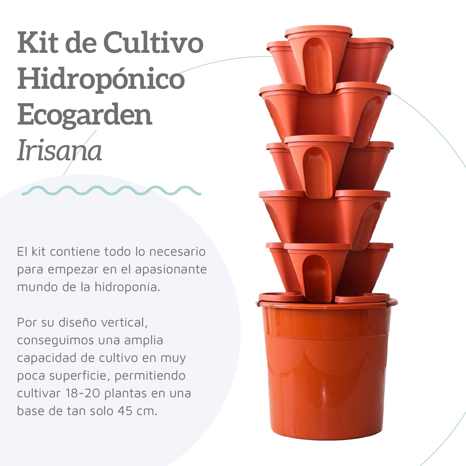 Irisana - Cultivo Hidropónico Ecogarden - 6 Macetas en Forma de Trébol - 112 cm de Altura - Kit Completo Ideal para Huerto Vertical - De Fácil Montaje