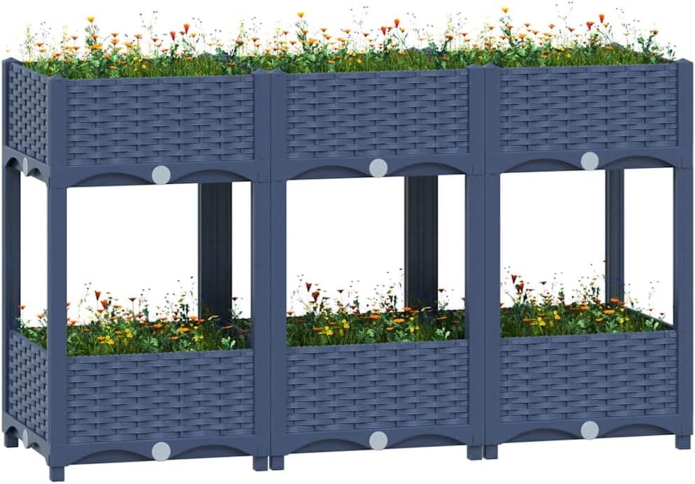 vidaXL Rectangular Raised Garden Bed in Gray - Robust Polypropylene Constructed Outdoor Planter with Two Shelves, Ideal for Growing Vegetables, Herbs and Flowers