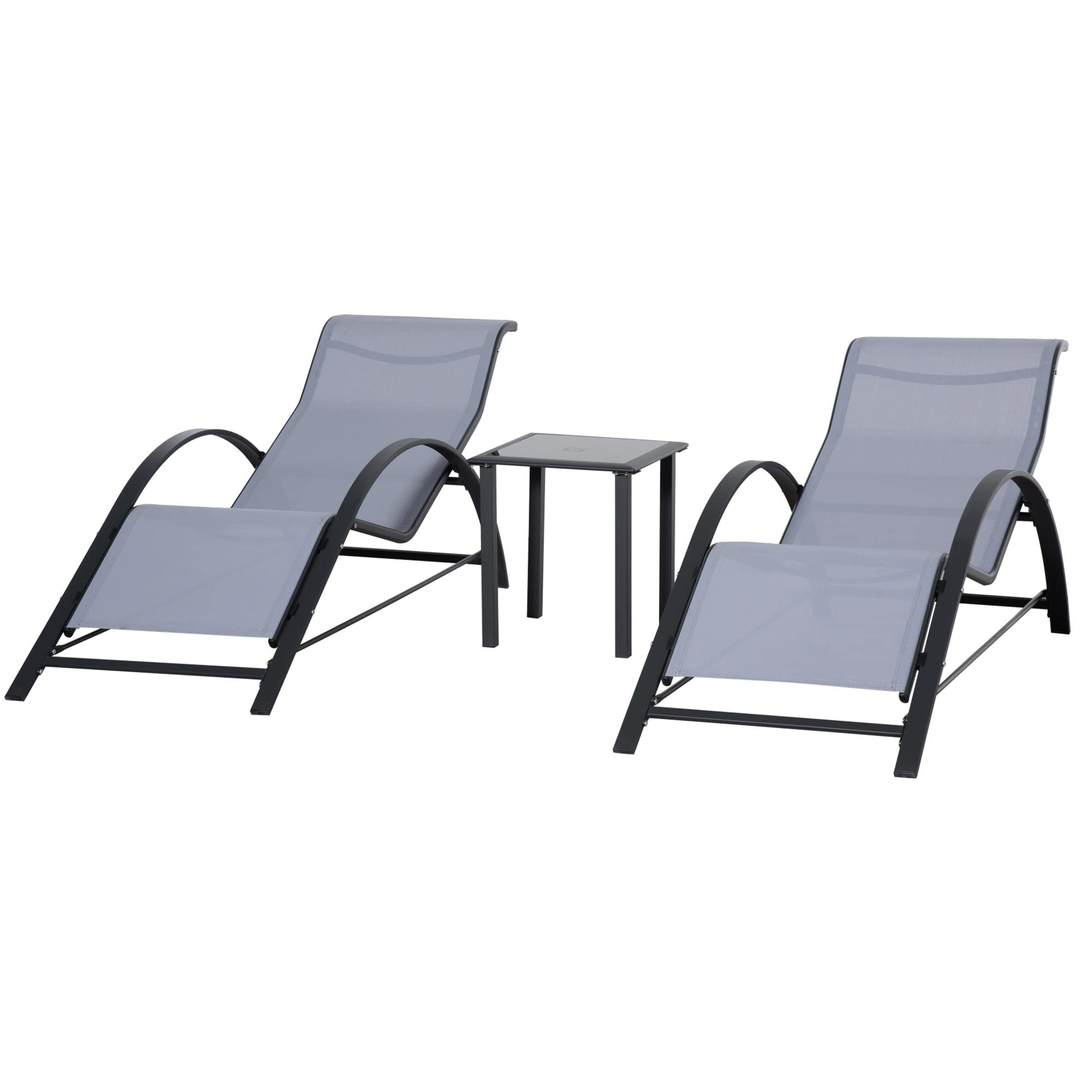 Outsunny Set de 2 Tumbonas Jardín Exterior con Mesa Auxiliar de Vidrio Templado Tumbonas con Respaldo Reposabrazos para Patio Piscina Terraza Exterior Gris