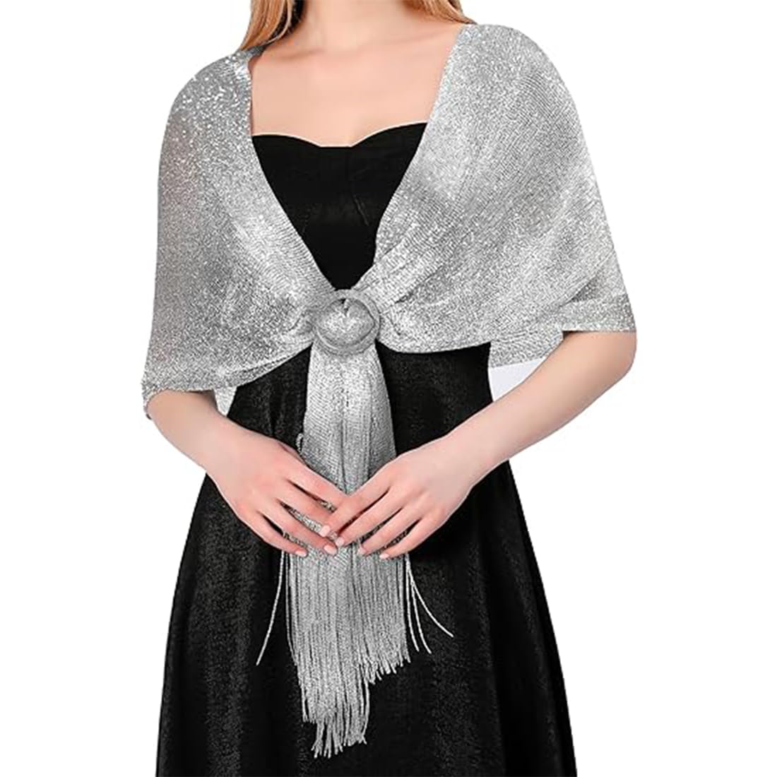 Stola Donna In Chiffon Con Filo Metallico - Argento, Elegante Per Cerimonie, 200x45cm - Foto 9