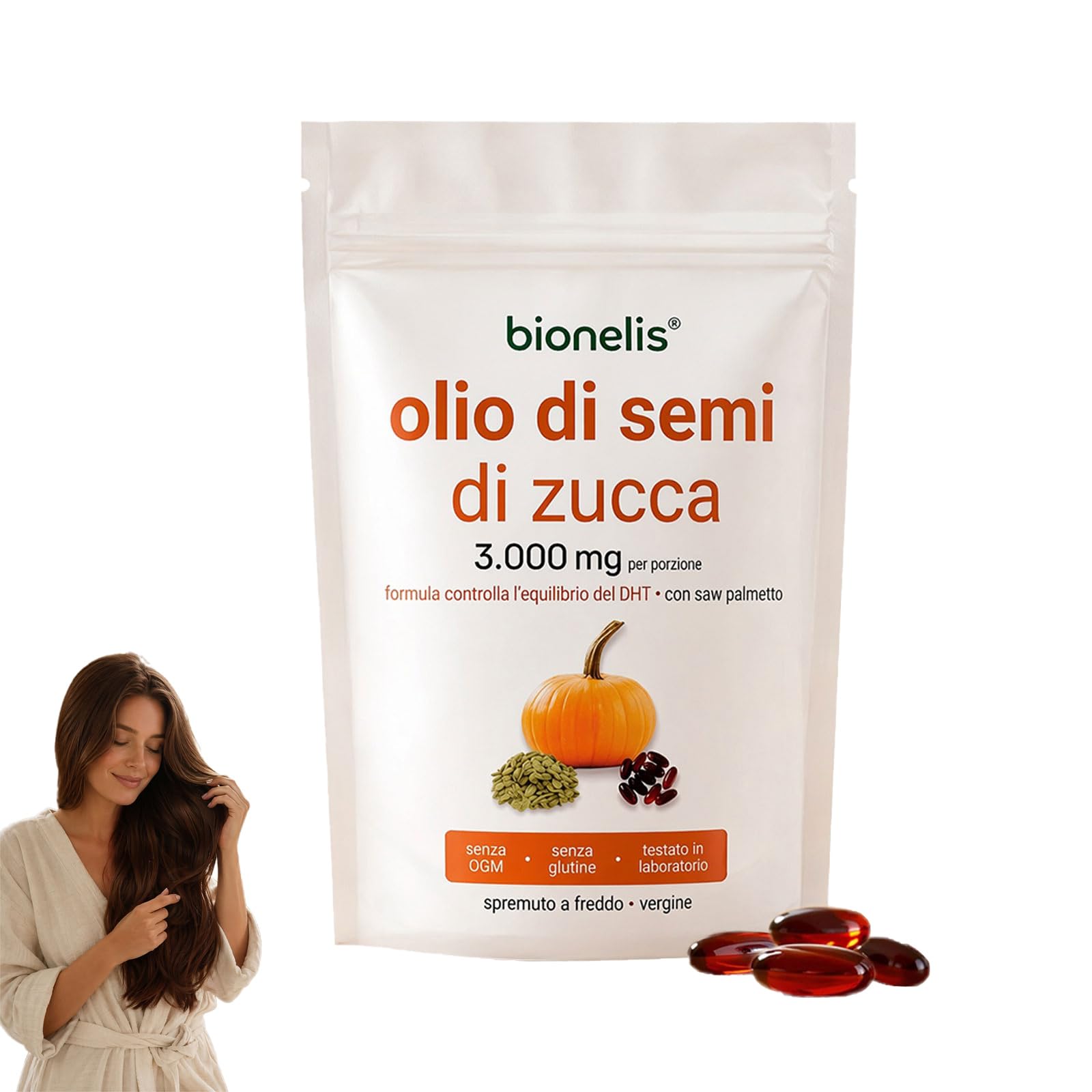 Bionelis Olio Di Semi Di Zucca Per Capelli - 180 Capsule, 3000 Mg Per Porzione, Ricco Di Ingredienti Che Favoriscono La Crescita Dei Capelli, Ferma La Caduta Alla Radice(1 confezione)
