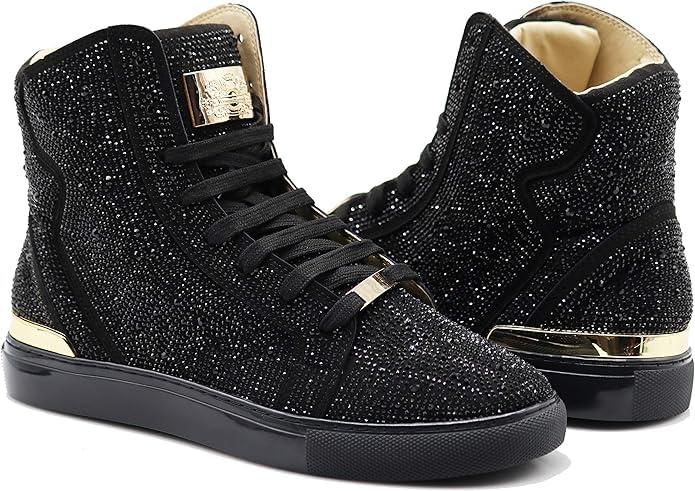 Image of Enzo Romeo Men's Fashion High Top Crystal Shimmer Rhinestone Blink Flat Sneakers Shoes