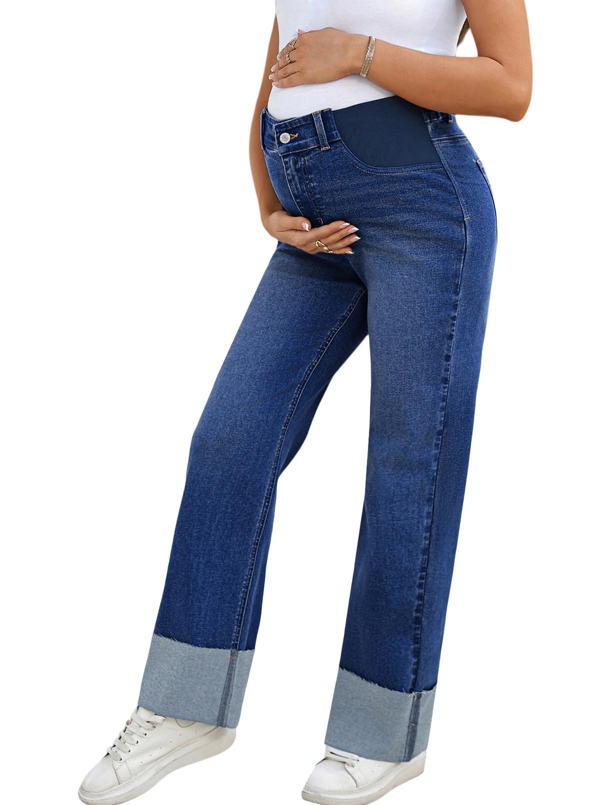 BLENCOT Maternity Jeans for Women Stretchy High Waisted Cuffed Wide Leg Baggy Denim Pants with Pockets
