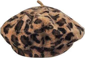 Women French Style Vintage Leopard Print Wool Soft Winter Warm Beret Beanie Hat