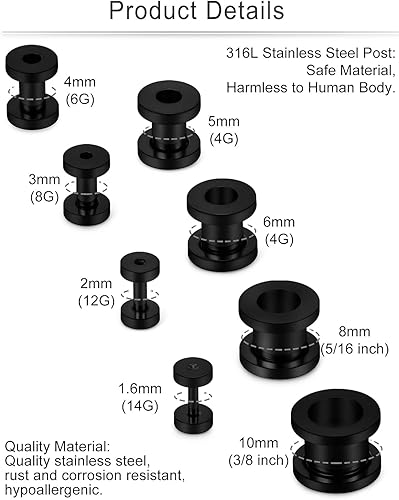 Miniatura 6 de Cisyozi 14G 12G 8G 6G 4G 2G 0G 00G Kit de estiramiento de calibre de oreja Acero quirúrgico Tamaño Mezcla Tornillo Túnel Calibres Tapones Pendientes