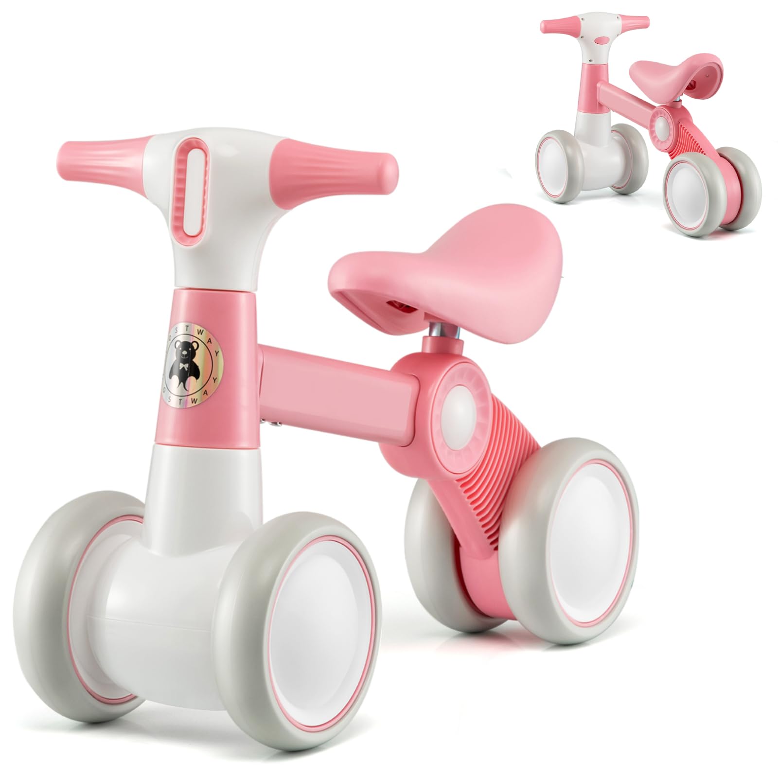 Maxmass Baby Balance Bike, Toddler First Bike with Ergonomic Handle & Carbon Steel Frame, No Pedal Infant Bicycle, 4 Wheels Kids Push Along Toy for 1-3 Years Old Boys Girls (Pink)