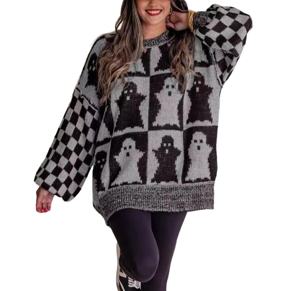 Women's Pullover Sweater Loose Long Sleeved Halloween Ghost Plaid Sweater