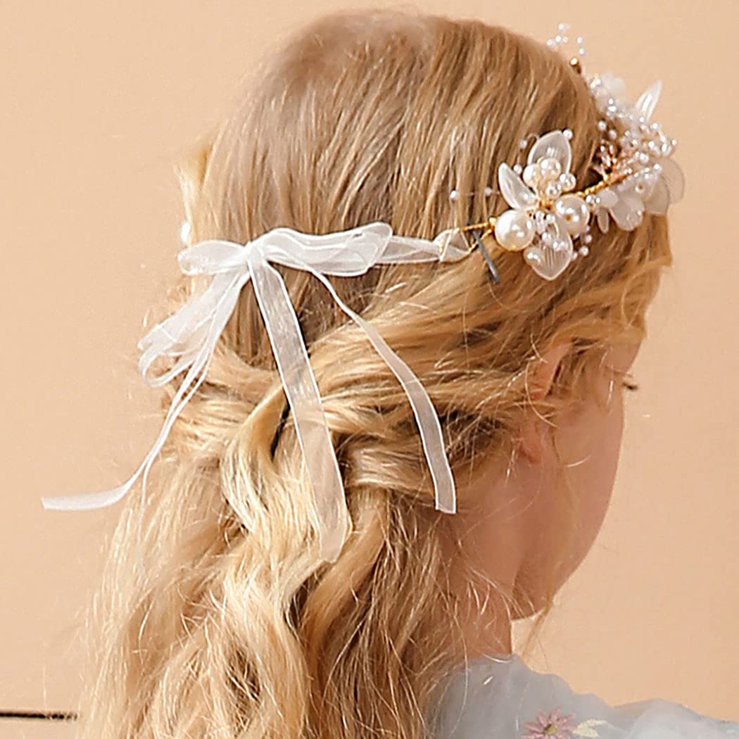 Campsis Princess Flower Crystal Headpiece Gold Rhinestone Pearl Headband Alloy Floral Bridal Hair Accessories Communion Wedding Prom Photography for Girls and Women 4