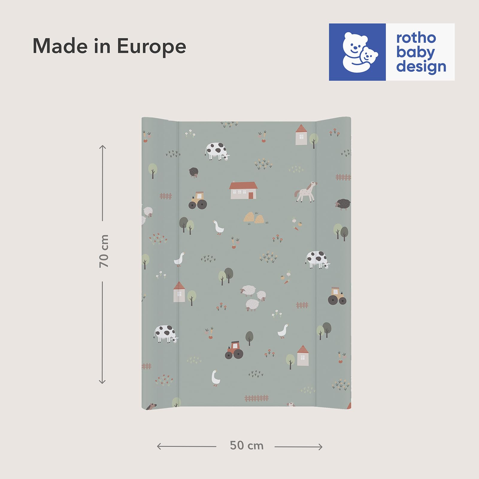 Rotho Babydesign Cambiador en Cuña 50x70 cm “Animales de la Granja” – Verde, Suave e Impermeable, Acolchado Grueso, Laterales Elevados, PVC Oeko-Tex, Fácil de Limpiar