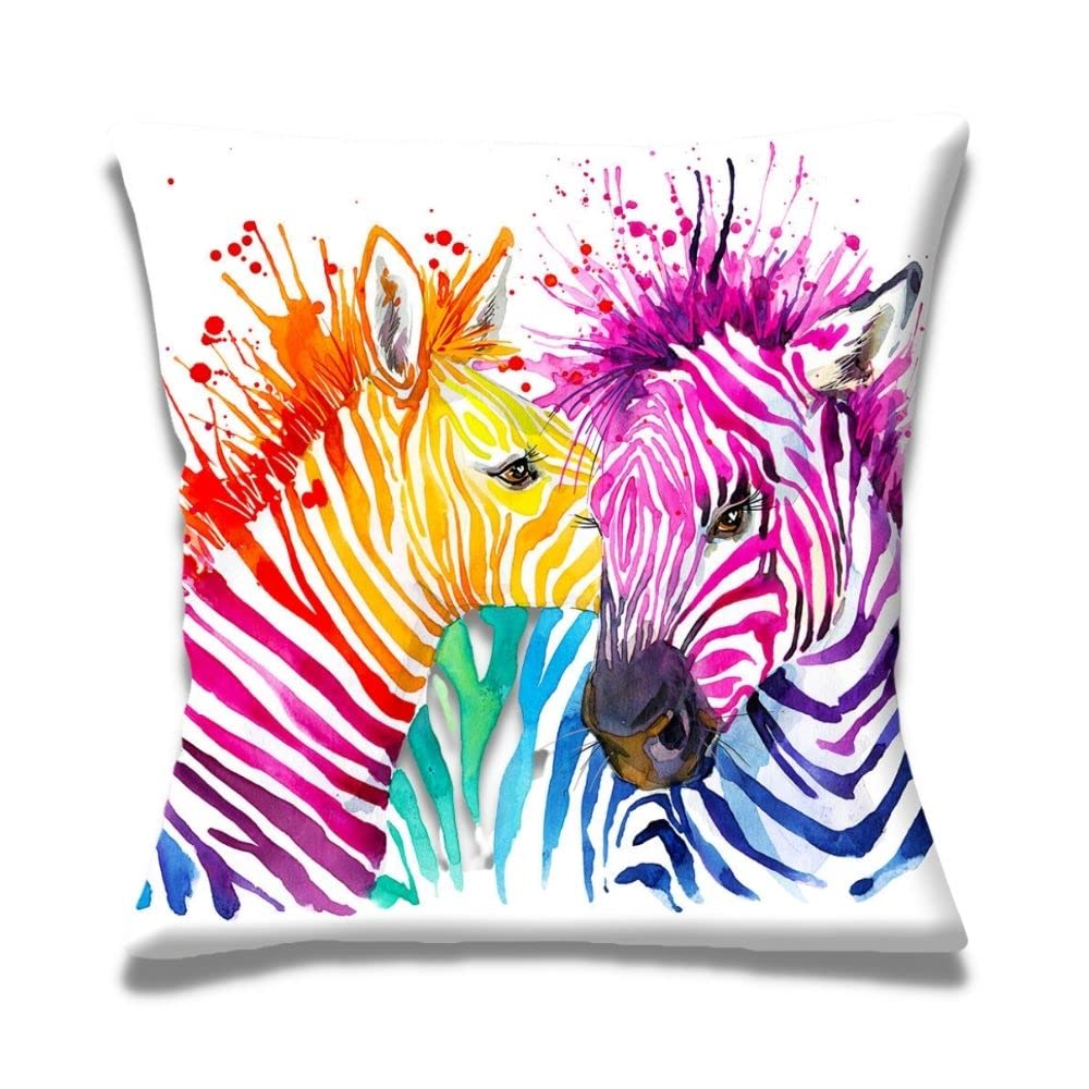 Multicolored Watercolor Effect Digital Zebra Print Chenille Cotton Square 17 x 17 inch Cushion Cover Pillowcase for Sofa/Bed/Couch
