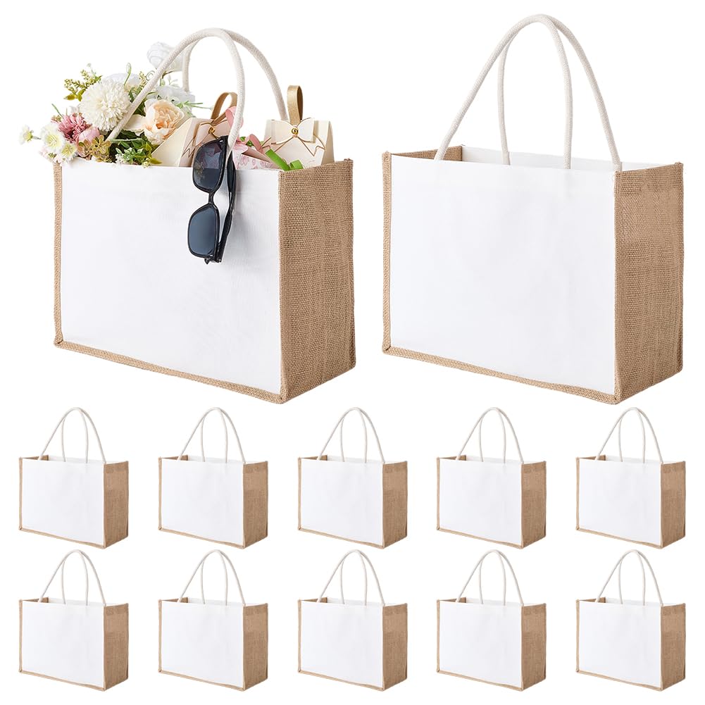 FINGERINSPIRE 12 Pz Borse Tote in Iuta Bianca 27.2x37x17cm Modello Rettangolare con Manici Versatili per Spesa Spiaggia Viaggio e Fai da te Idee Regalo per Matrimonio e Damigella d'onore