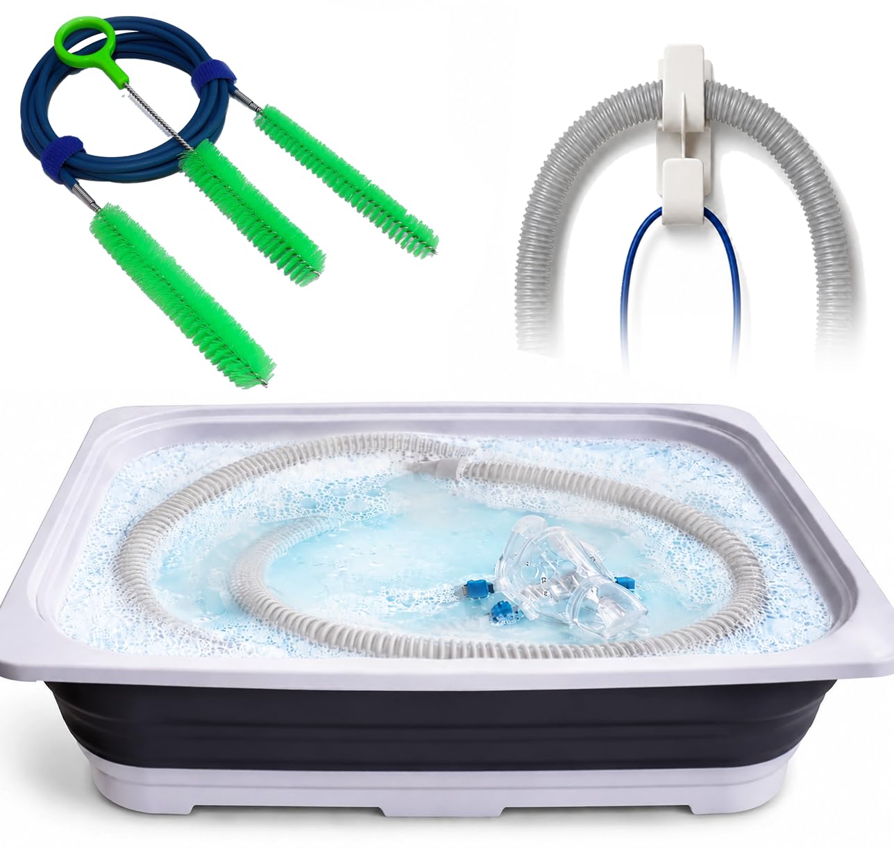 AVEEN CPAP & BiPAP zestaw do czyszczenia, szczotka do czyszczenia węża ze składaną miską do mycia i hakiem do suszenia węża, akcesoria do węży i masek CPAP