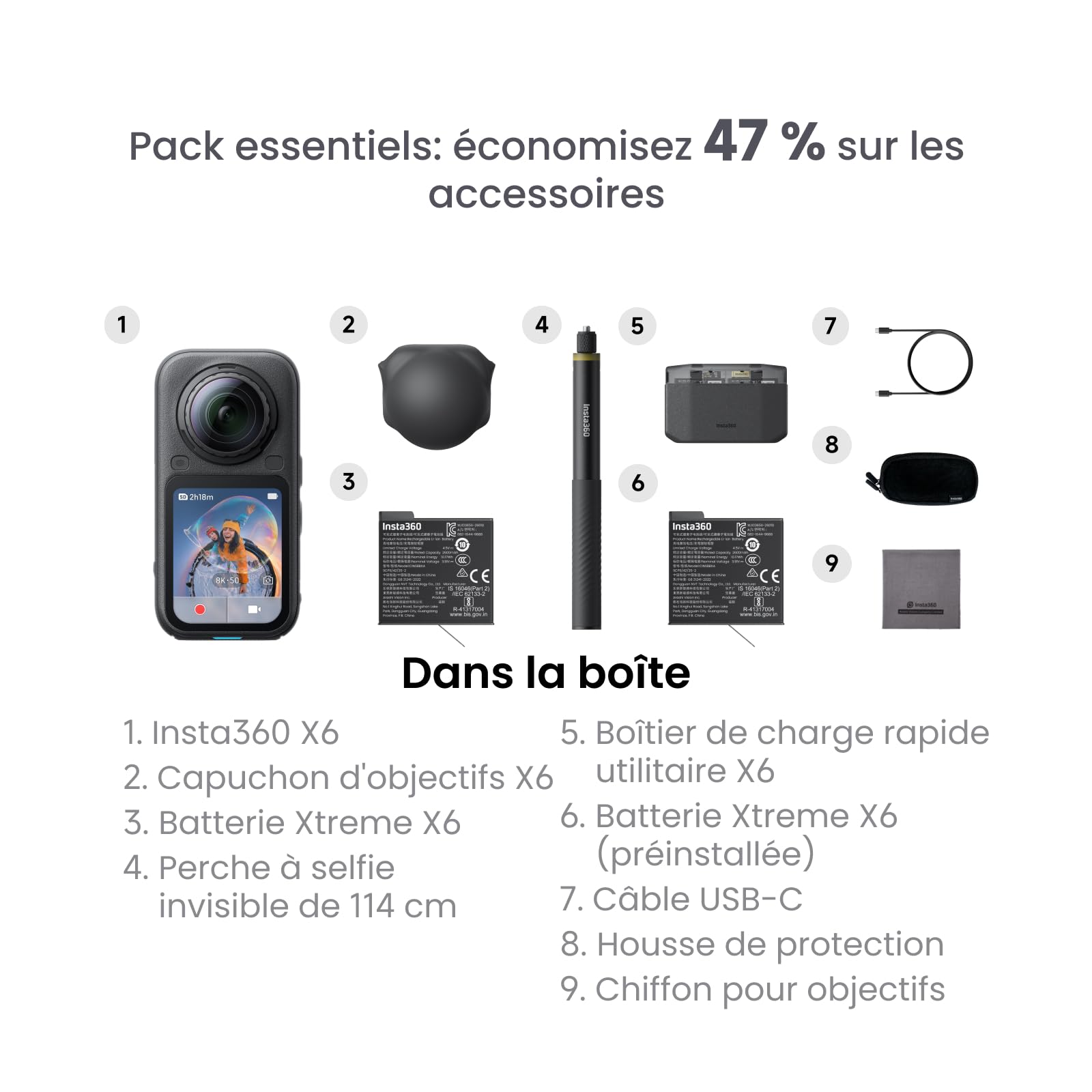 Insta360 X6 Pack Essentiels - Caméra 360 8K avec capteurs 1/1,1"