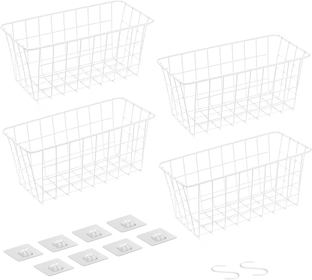 Navaris Adhesive Metal Storage Baskets (Set of 4) - Wall Mounted Wire Basket Organiser for Hanging in Kitchen, Bathroom, Caravan - 30 x 14 x 13.5 cm
