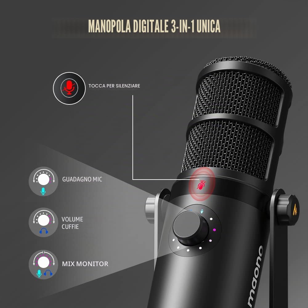 MAONO PD400X - Microfono dinamico USB/XLR per PC con software, EQ, Tap-to-Mute, jack cuffie, manopola guadagno e controllo volume. Ideale per trasmissioni, registrazioni, streaming e gaming.