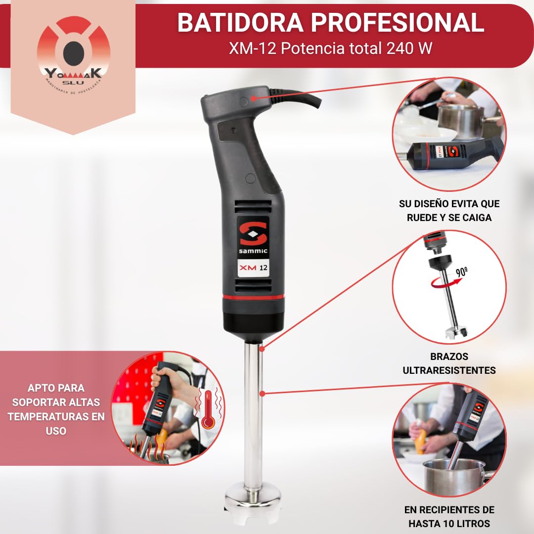 YOMMAK Batidora de Mano Industrial XM12 – 240W Triturador Profesional Cocina | Batidora Profesional Hosteleria Brazo Desmontable | Trituradora Comida Potente, Velocidad 1500–15000 rpm, NSF Hasta 10L