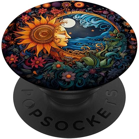Sun and Moon Boho Inspired Sunflower Floral Illustration PopSockets Adhesive PopGrip