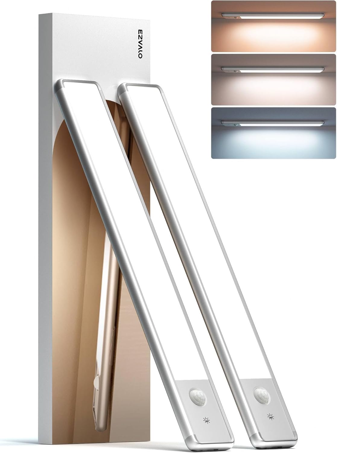 EZVALO Under Cabinet Lighting Wireless, 98 LED Motion Sensor Light Indoor, 3 Color Temps,1900mAh Rechargeable Closet Lights(Silver, 2 Pack) EZVALO Under Cabinet Lighting Wireless, 98 LED Motion Sensor Light Indoor, 3 Color Temps,1900mAh Rechargeable Closet Lights(Silver, 2 Pack)