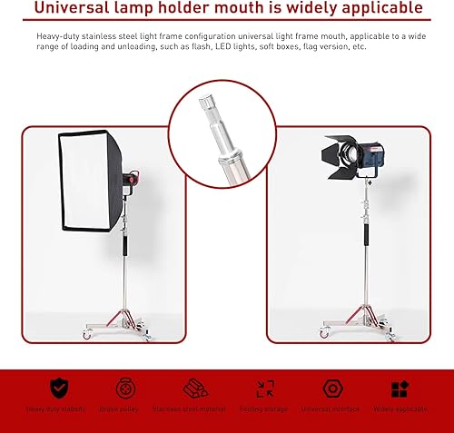 Miniatura 5 de Soporte de luz resistente con ruedas  Altura máxima de 10 pies120.1 in, trípode ajustable 100% acero inoxidable para estudio Softbox, Monolight,