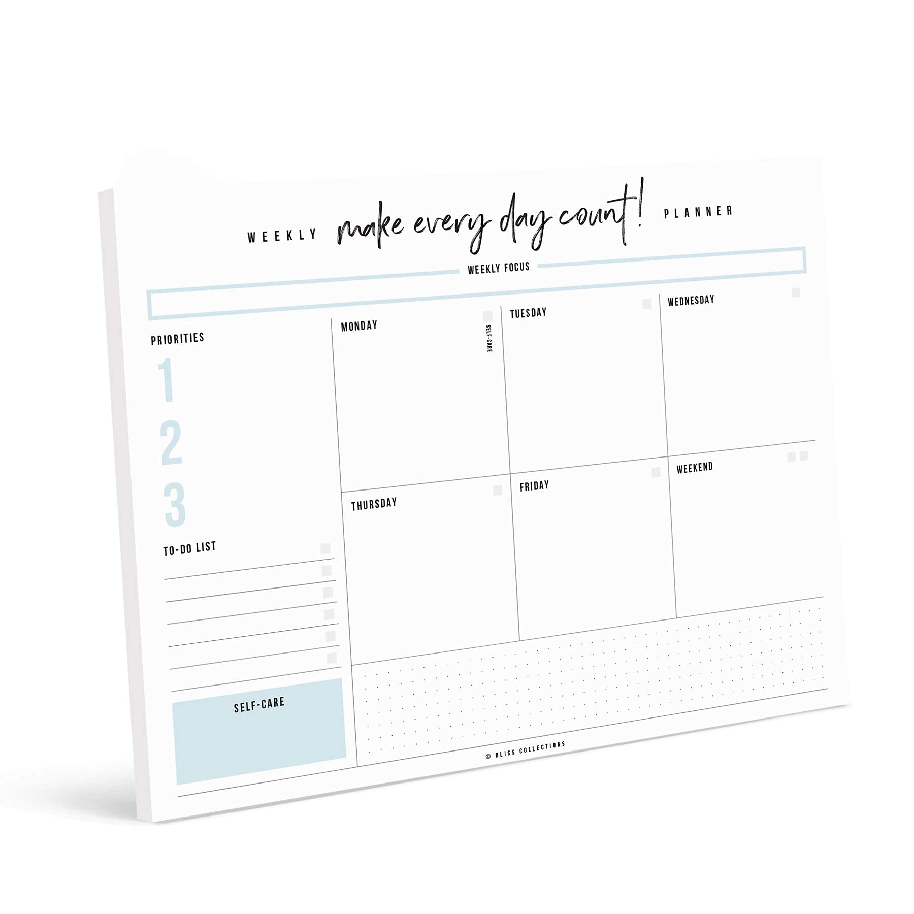 Bliss Collections Weekly Planner Tear Off Pad, 50 Undated Sheets, Desk Notepad, Motivational Daily Calendar, Task Planner, to Do List, Productivity Schedule Organiser, Habit Tracker, 210 x 297 mm