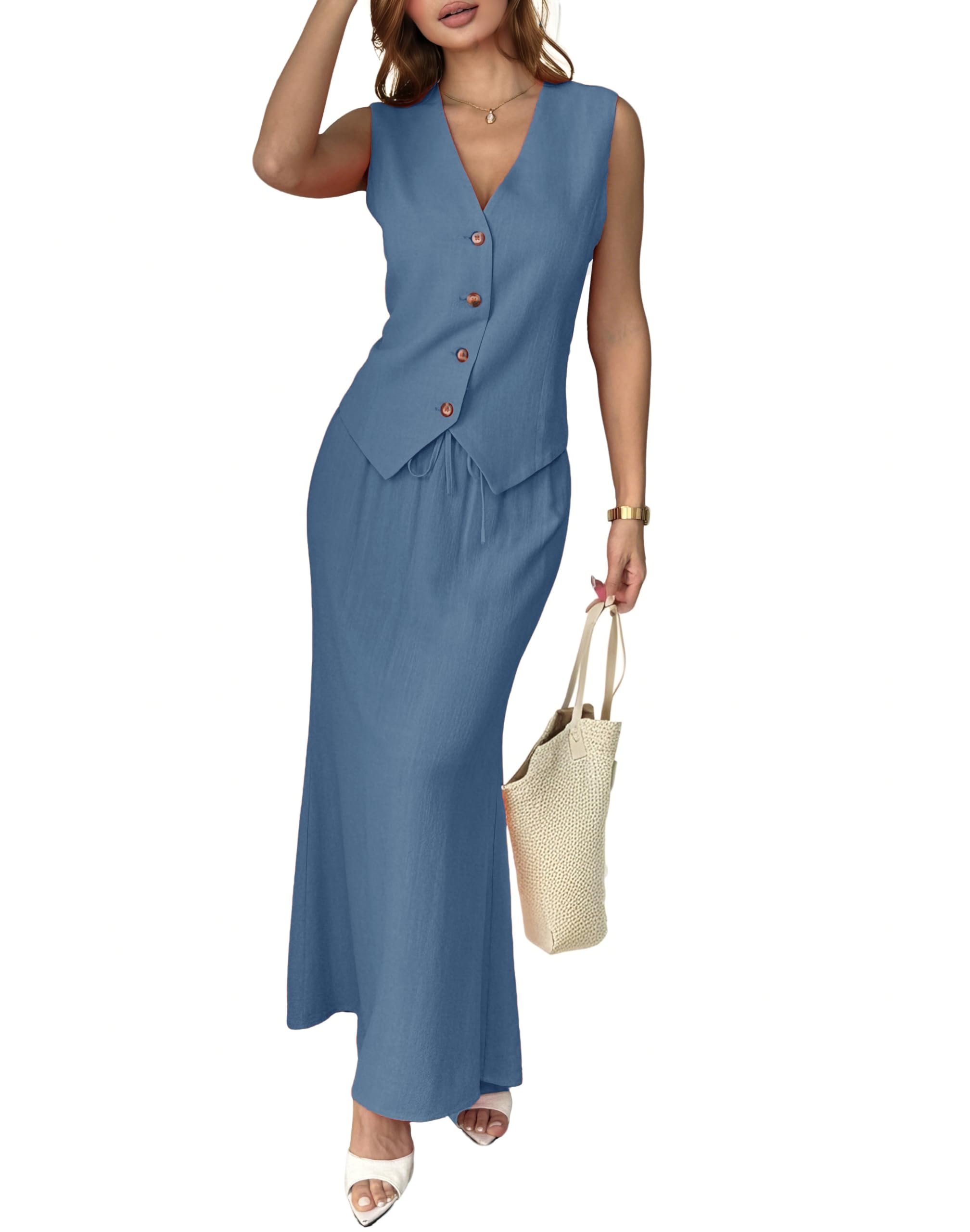 Fakanhui Completo da donna in lino, 2 pezzi, maxi gonna lunga, gilet, gilet, business, casual, vacanze, set estivo