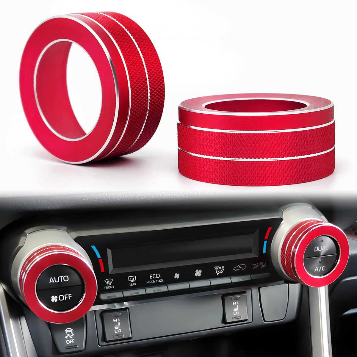 AupriteCar AC Climate Control Knob Covers for Toyota RAV4 2019-2024, Auto Center Control Switch Knob Cover Trim for RAV4 Interior Accessories (Aluminum Alloy, 2Pcs/Red)