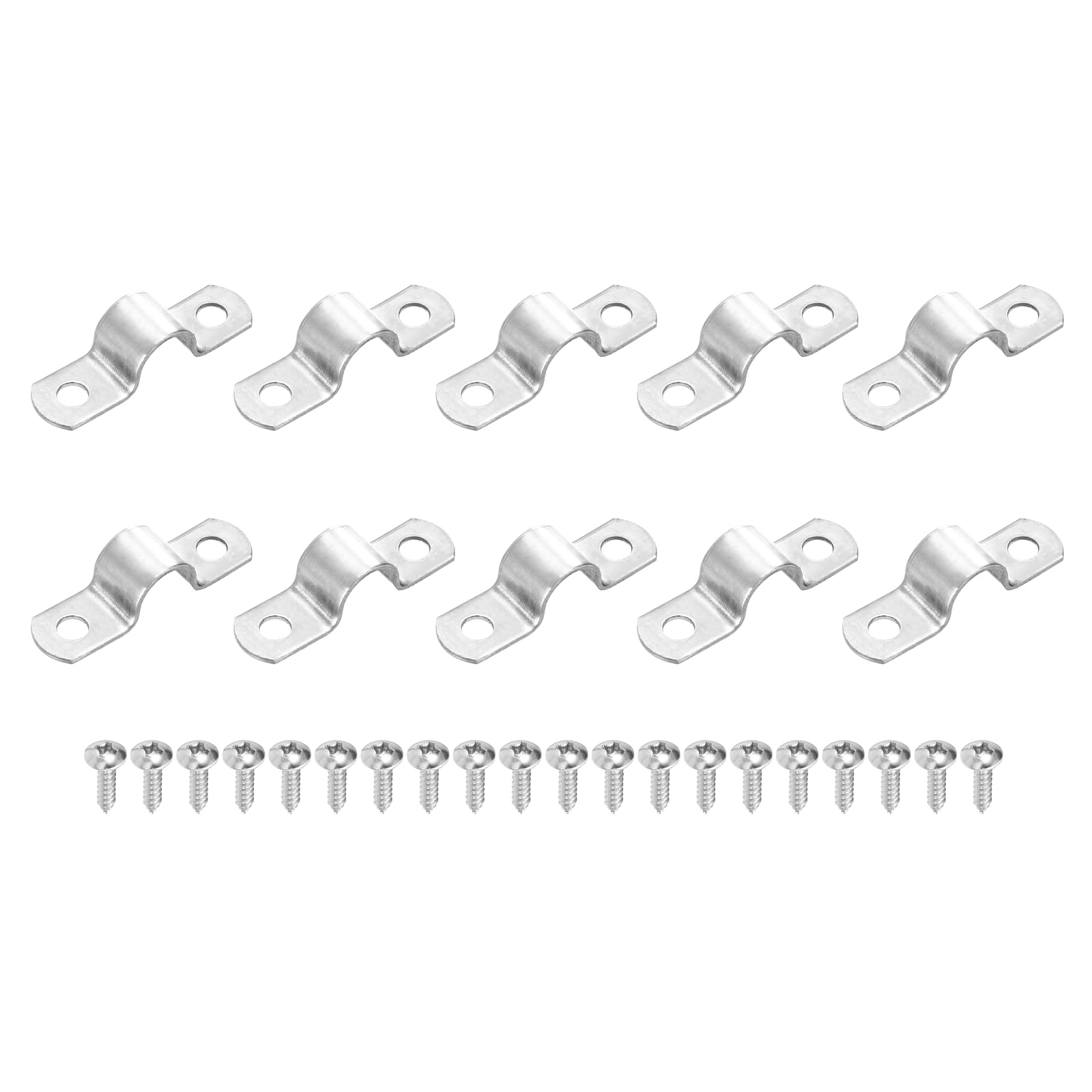 sourcing map 10Pcs 12mm(1/2") Two Hole Rigid Pipe Strap, 304 Stainless Steel Conduit Clamp Thicken U Bracket Heavy Duty Pipe Clamp with Self-Tapping Screws for Fixing Tube Cable, Silver