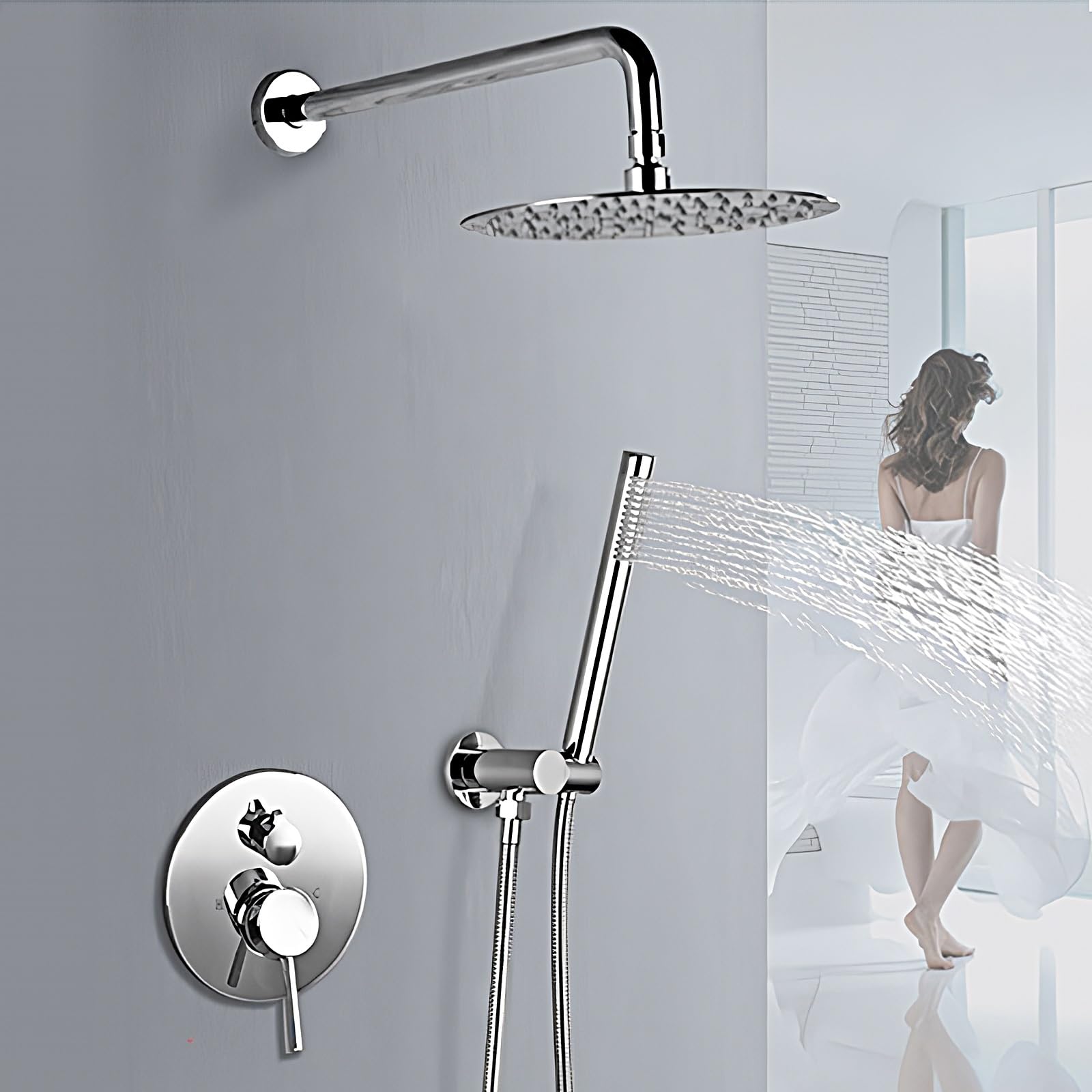 Sistema de Ducha Empotrada, Conjunto de Ducha, Ducha de Lluvia de 10 Pulgadas y Ducha de Mano, Agua Fría y Caliente Ajustable (Color : Chrome)