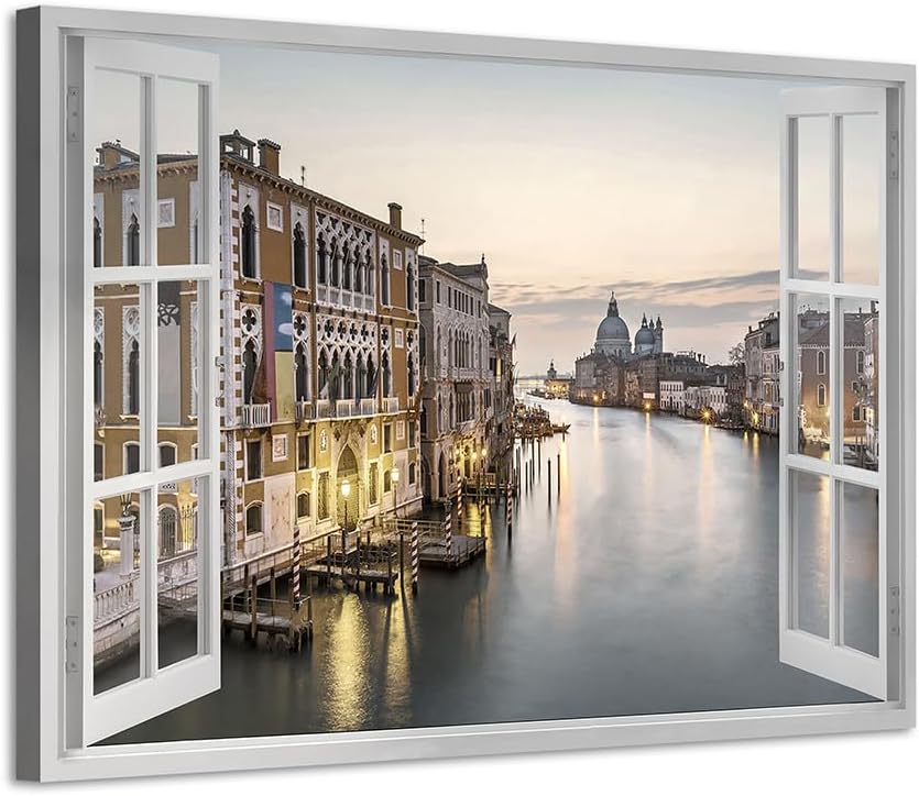 Italy Cityscape Canvas Wall Art: Venice Water City Picture Fake Window Port Town Prints Artwork for Living Room Bedroom Bathroom