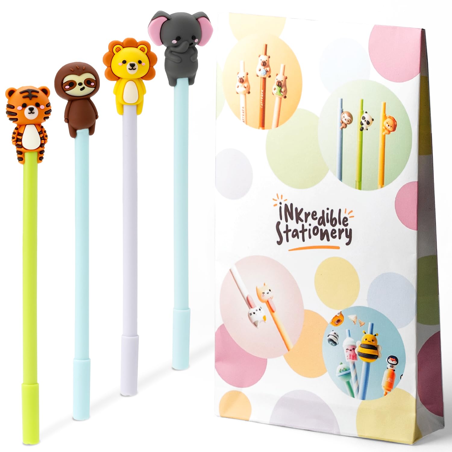 Puckator Adoramals Pens | Wild Animals Novelty Pens with Cute Designs | Tiger, Sloth, Lion, Elephant | Fun Stationery Desk Accessories | Pack of 4, Black Ink