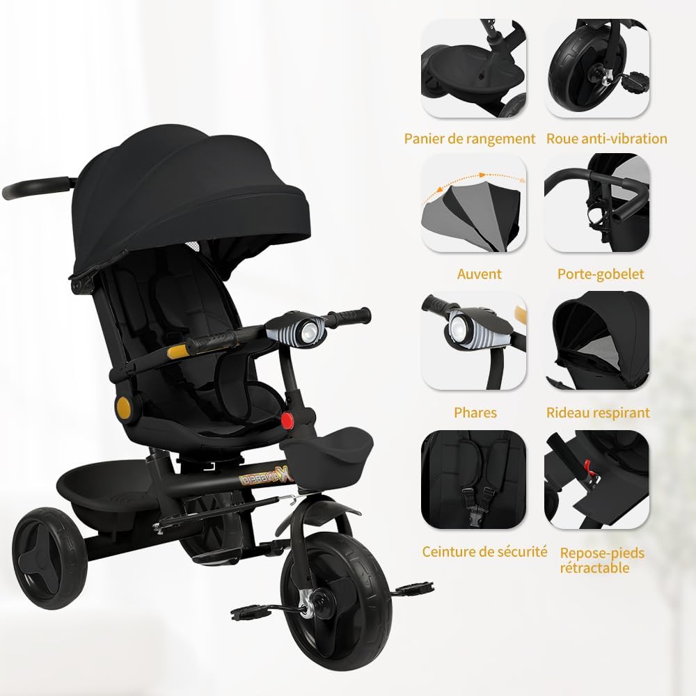 4-in-1 Tricycle Pushchair with Pedal, Baby Trike, Baby Trike, Children's Bicycle Pushchair, Children's Bike 5 Years, 9 Months, Compact, (b) 100 x 75 x 50 cm – Black