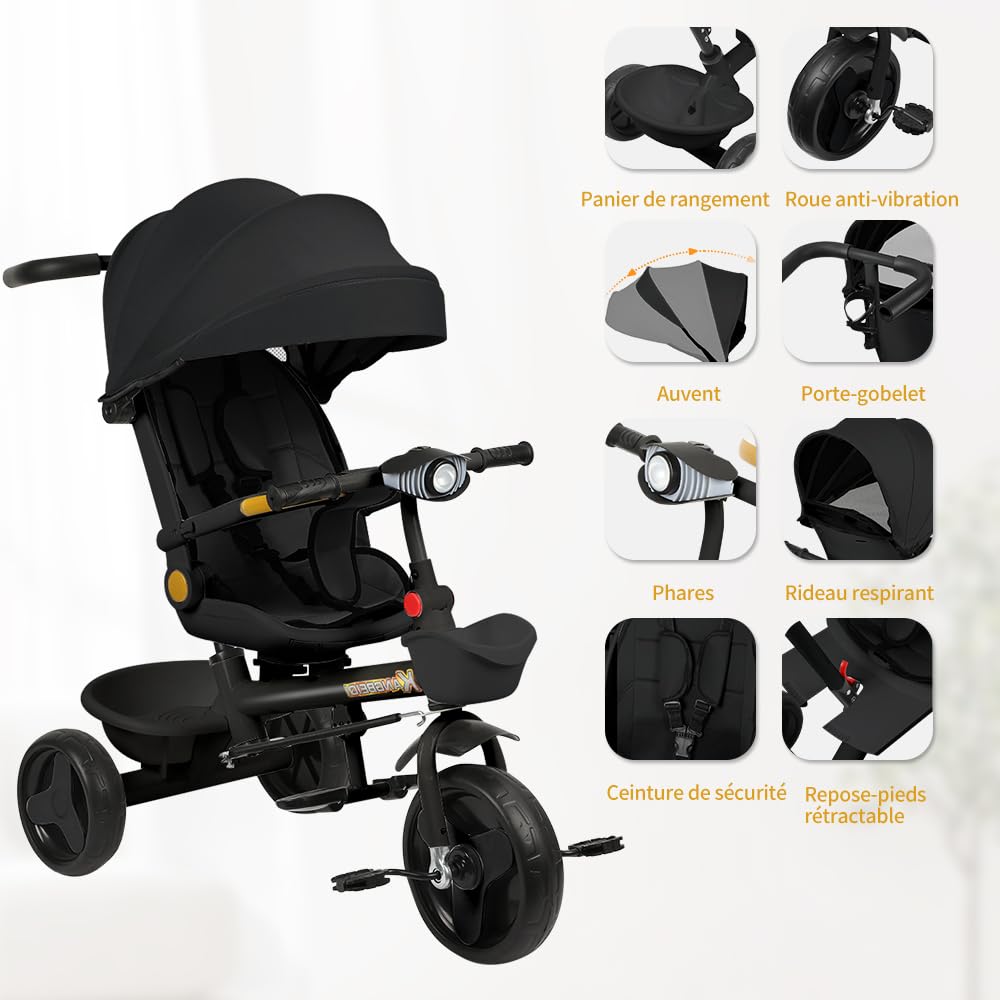 5 in 1 Poussette 3 Roues,jusqu'à 25 kg,Poussette canne,Tricycle évolutif pour Enfant,Grande Capote,Pliage Compact,Dossier Inclinable,Grandes Roues Tout Terrain