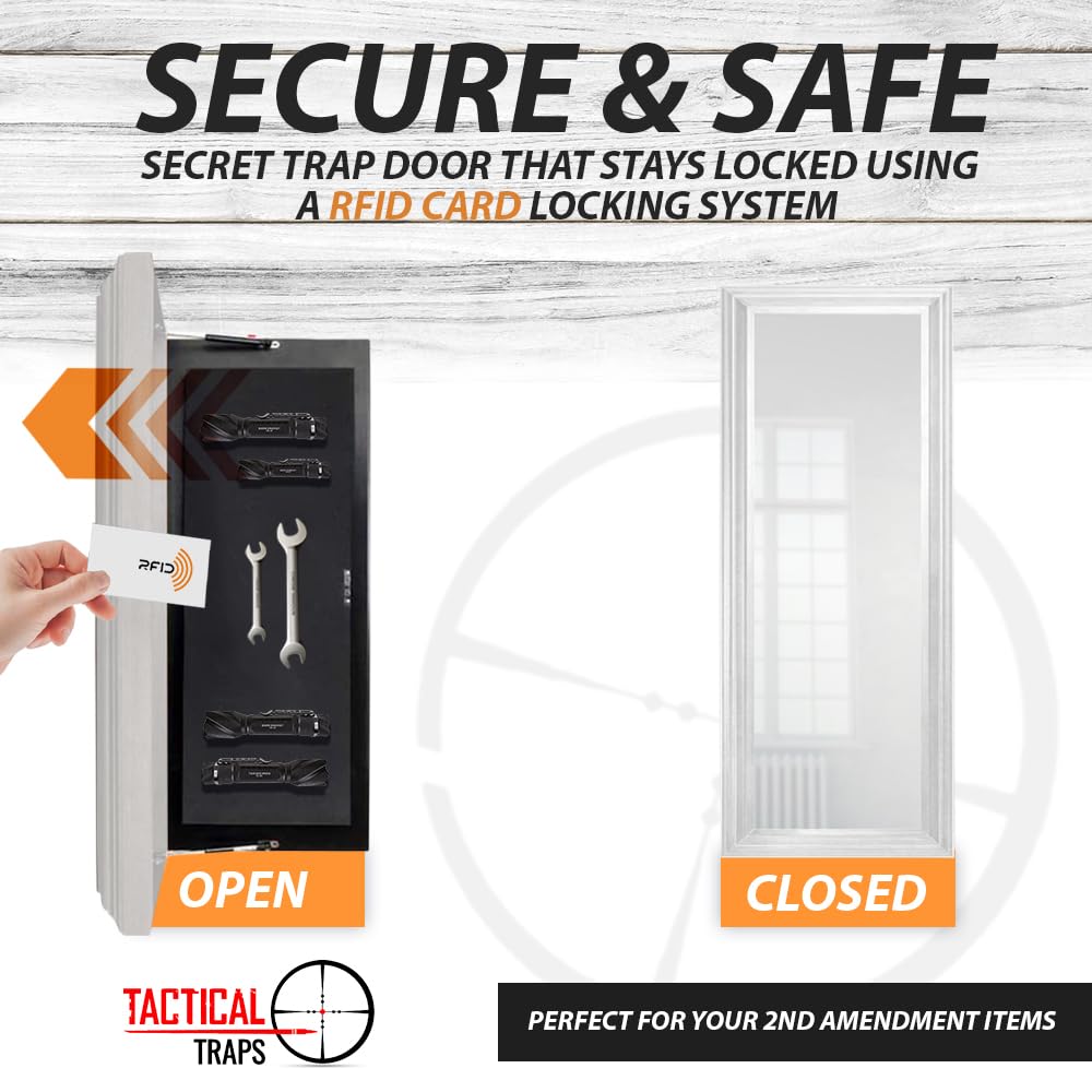 Tactical Traps - Mirror MAX Storage with Secured Door - 47.5” x 19.5” - Storage with RFID Lock and Safe & Unseen Compartment - White