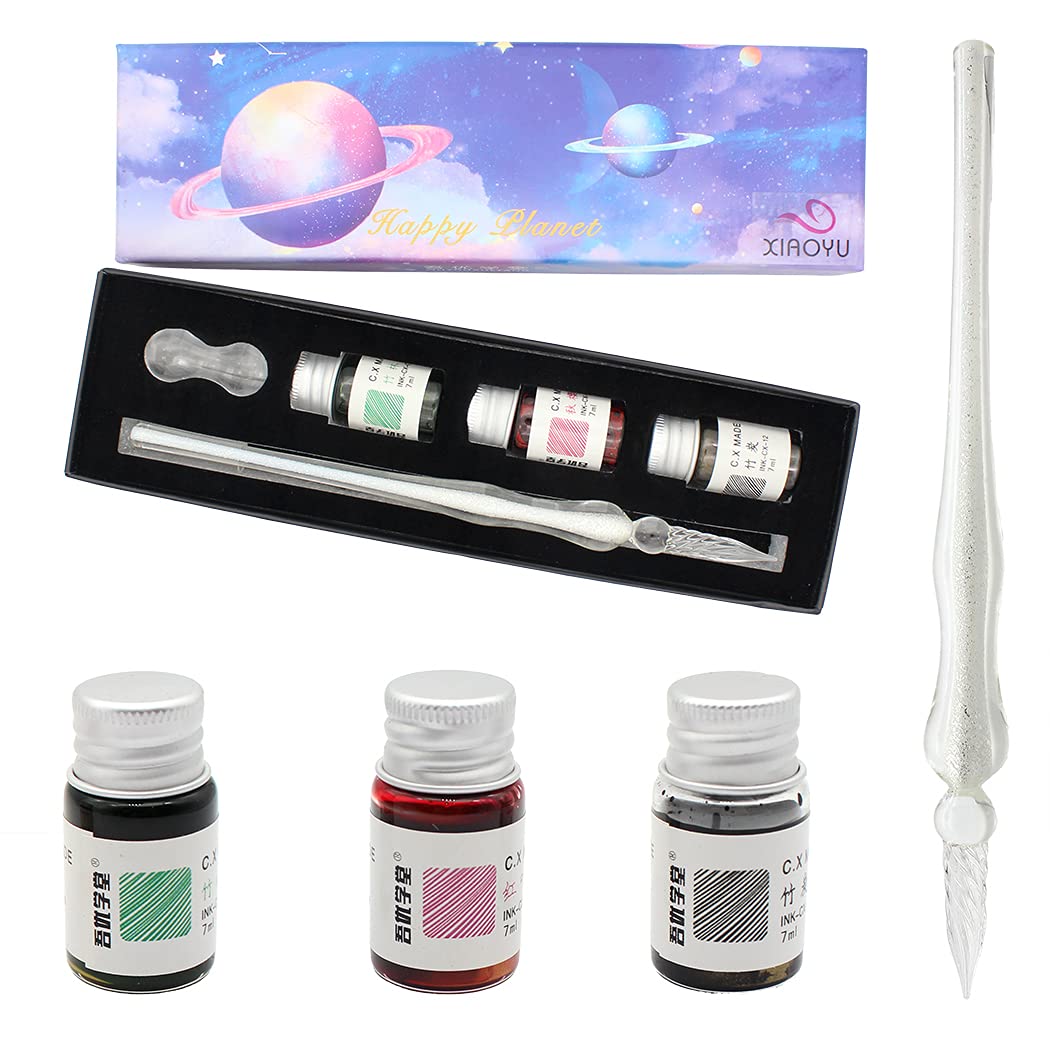 XIAOYU Glass Dip Pen Happy Planet Kit Star Sky Colorful Ink Crystal Calligraphy Pen Set with Ink(7ML) - White