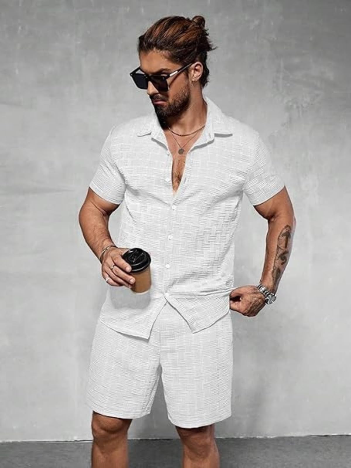 GRECIILOOKS Tenue décontractée 2 pièces pour homme, chemise boutonnée et short, tissu léger en polyester mélangé pour la plage, les voyages, le salon, blanc, taille L