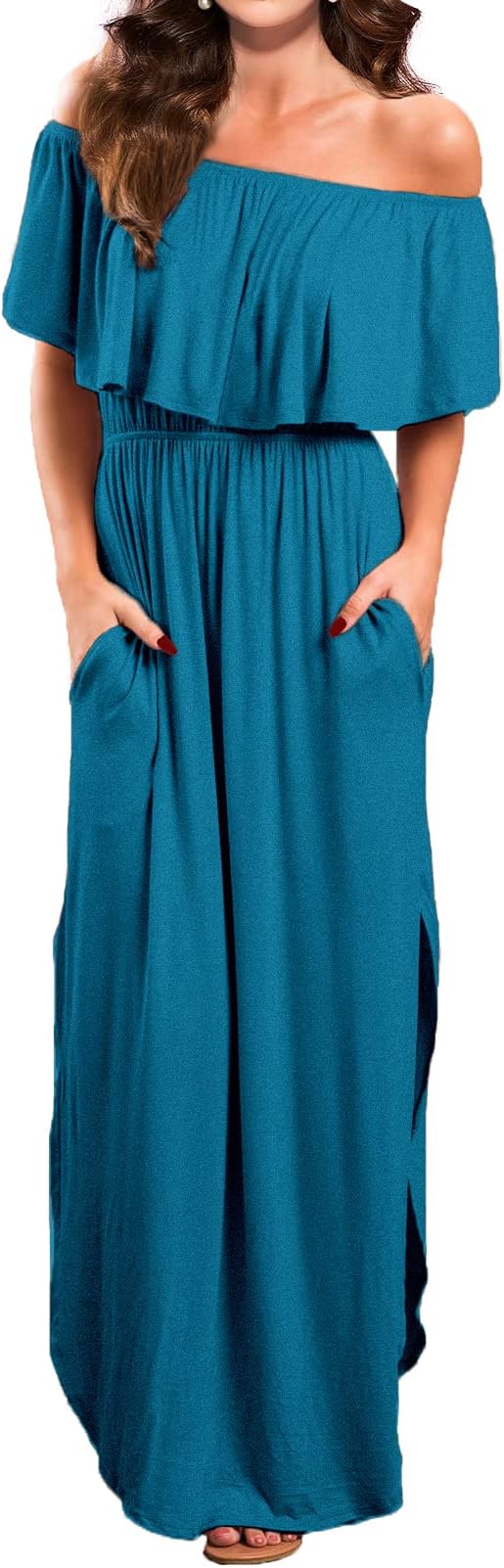 VERABENDI Women's Off Shoulder Summer Casual Long Ruffle Beach Maxi Dress with Pockets