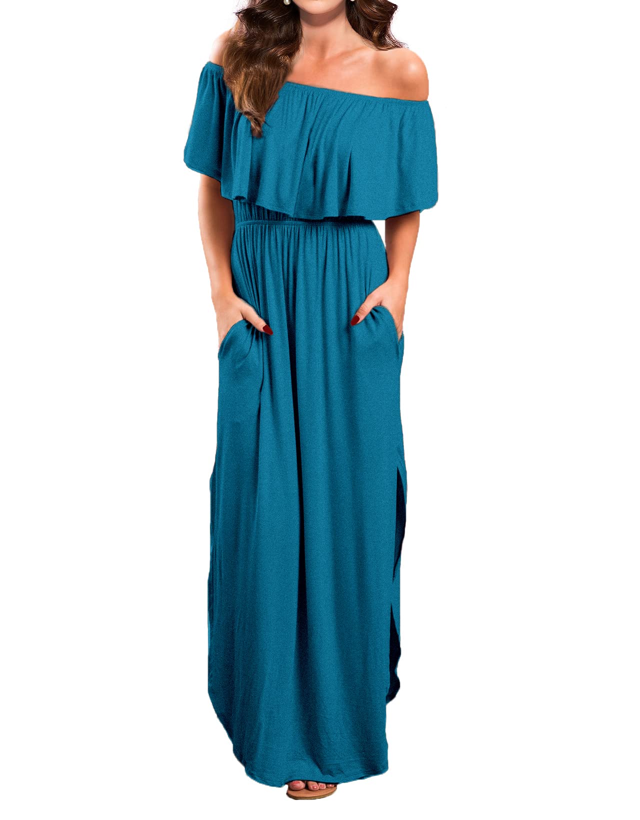 VERABENDI Maxi abito da donna con spalle scoperte, estivo, casual, lungo, volant, spiaggia, con tasche
