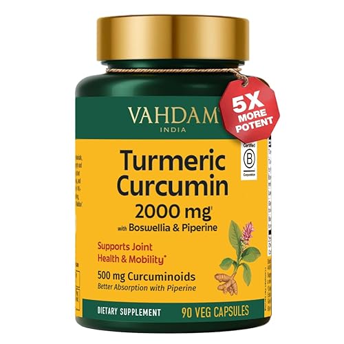 VAHDAM, Suplemento de curcumina de cúrcuma de 2000 mg (500 mg de curcuminoides) con boswellia y piperina para una rápida absorción | Apoya la salud