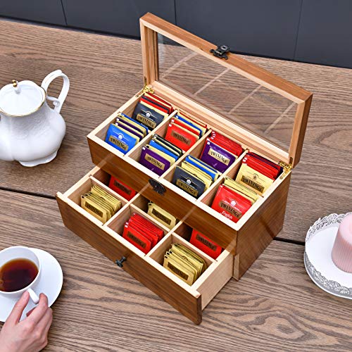 WELLAND Vintage Wooden Tea Bag Storage Box with Large Capacity, Clear Lid & Dual-Layered 14 Compartment Design - Image 2
