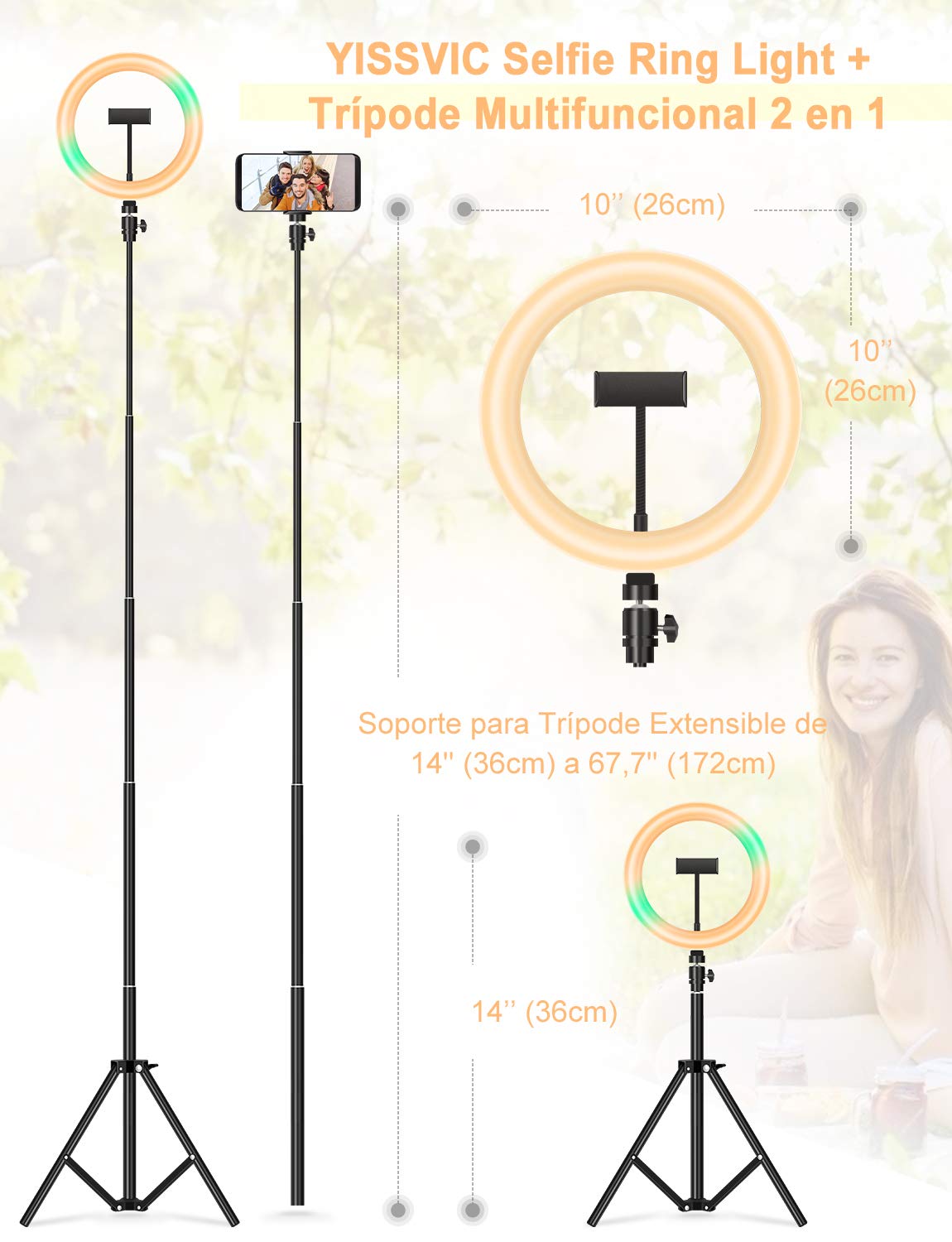 YISSVIC Aro de Luz 10" Anillo de Luz con Trípode Control Remoto 168 LED 3 Modos de Luz y 26 RGB Modos, para Móvil TIK Tok Maquillaje Youtube Vlog Selfie Fotografía ect.