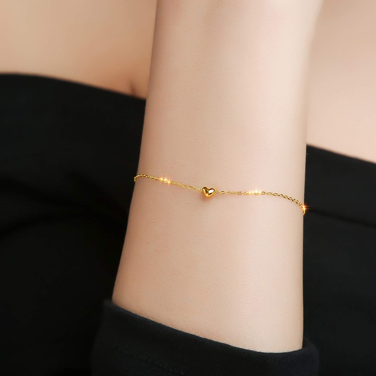 Pulsera de Oro Amarillo con Zafiro para Mujer, Cadena con Dijes de Corazón Pulsera de Mujer 16+2CM