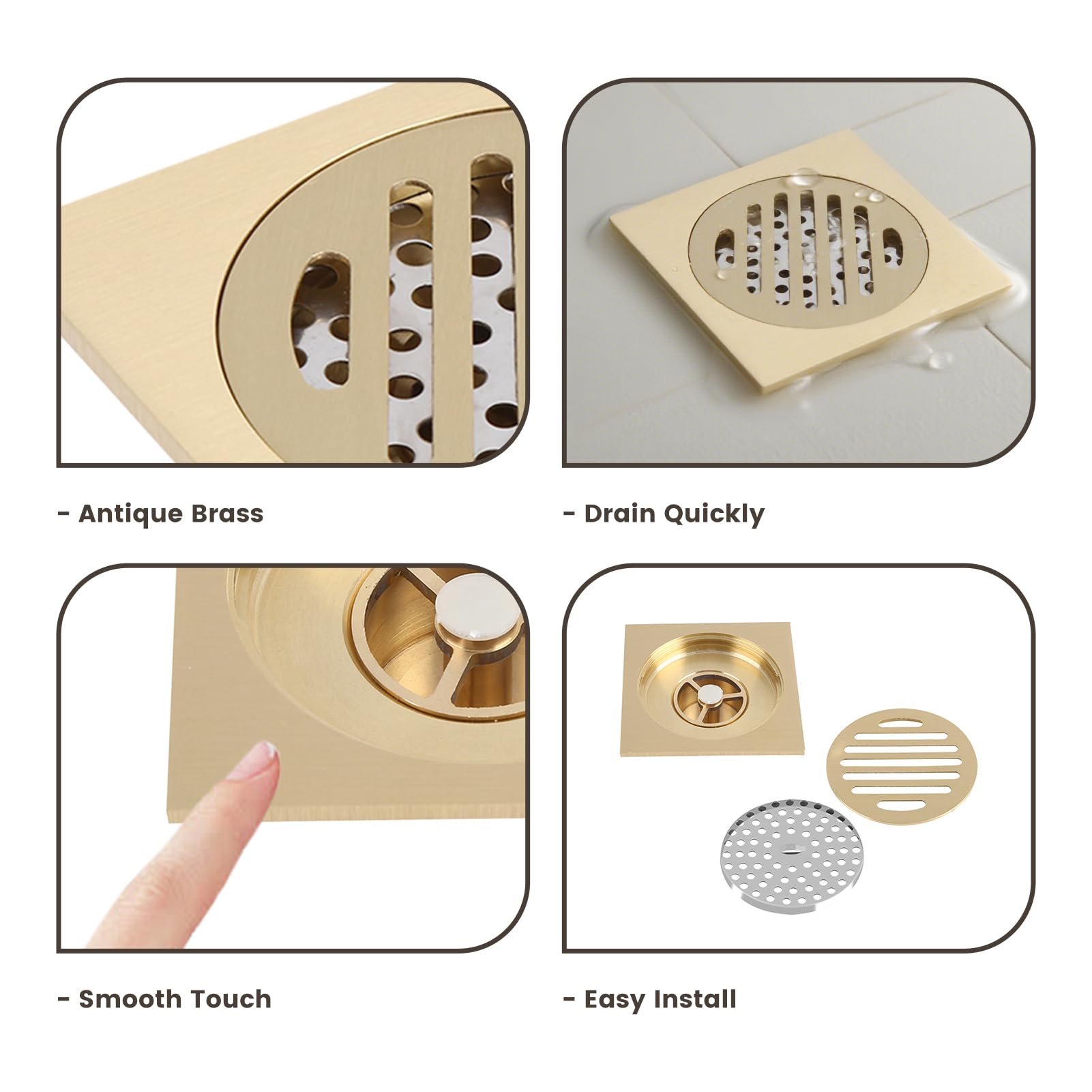 Siphon De Sol Carré en Laiton, Grille à Déchets de Douche Moderne pour la Maison, Fixation Durable et Efficace, Siphon de Sol de Salle de Bain et Cuisine