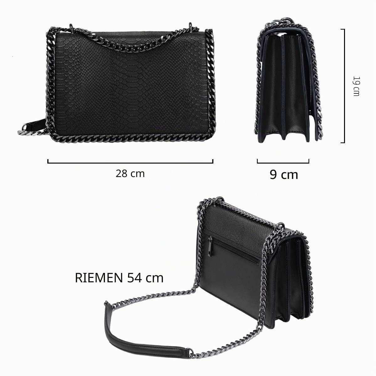 CRAZYCHIC - Damen Kette Umhängetasche - Schlange Leder Gesteppte Klappe Schultertasche - Python Steppmuster Abendtasche Pochette Kettentasche - Frauen Modische Handtasche Trendy Tasche - Schwarz