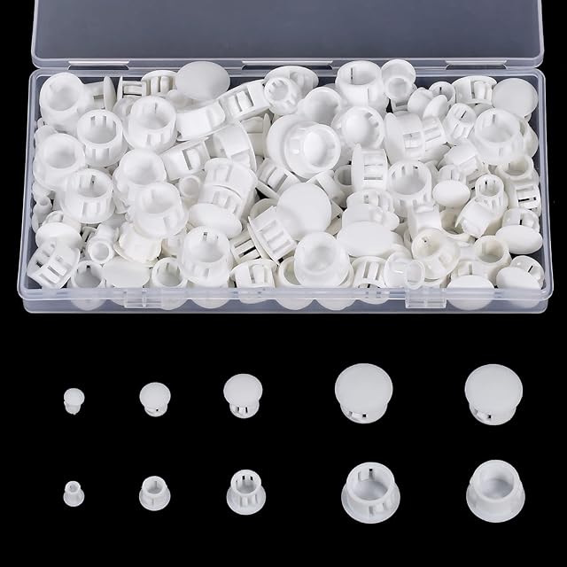TOYMIS 200pcs Plastic Plugs, 3/16", 5/16", 3/8", 1/2", 5/8" Snap In Plug Screw Hole Plugs  Screw Plastic Covers Furniture Hole Plug for Locking Hole Tube Furniture (White)
