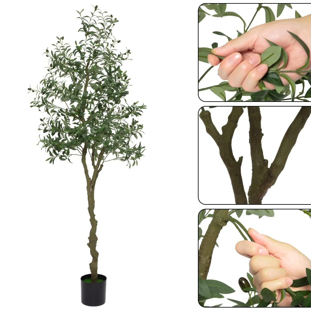 Arbre d'Olivier Artificiel en Pot, Feuilles Et Fruits, Style Méditerranéen, Intérieur/Extérieur, Entretien Facile, Base Lestée, Résistant UV(7ft)